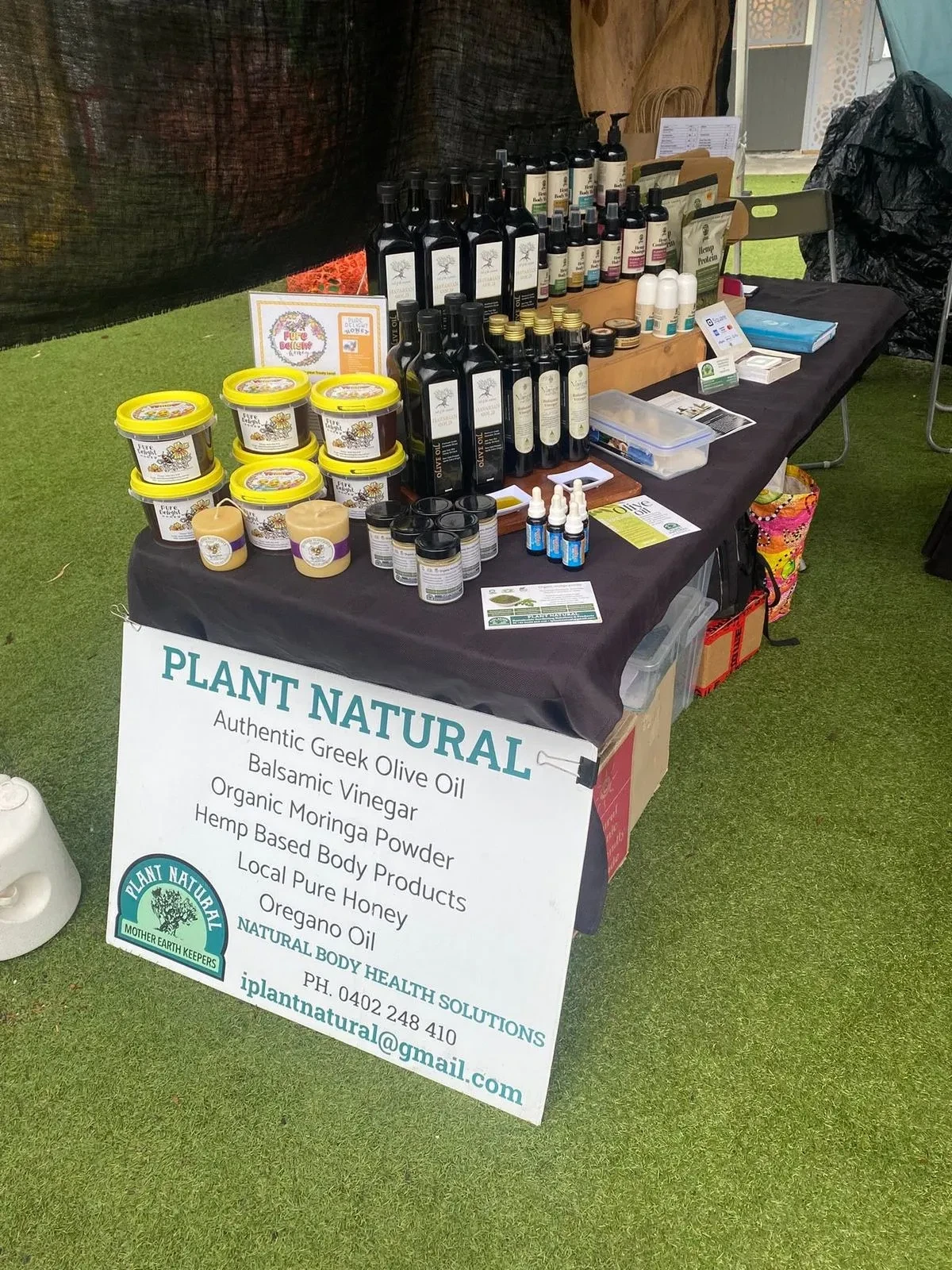The Plant Natural stall at Burleigh Markets, associated with Havarian Gold in Australia