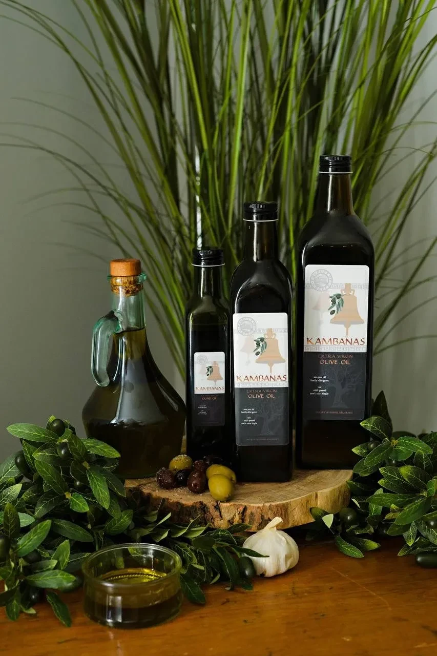 Kambanas extra virgin olive oil bottles, our cousins' family brand sold in Canada