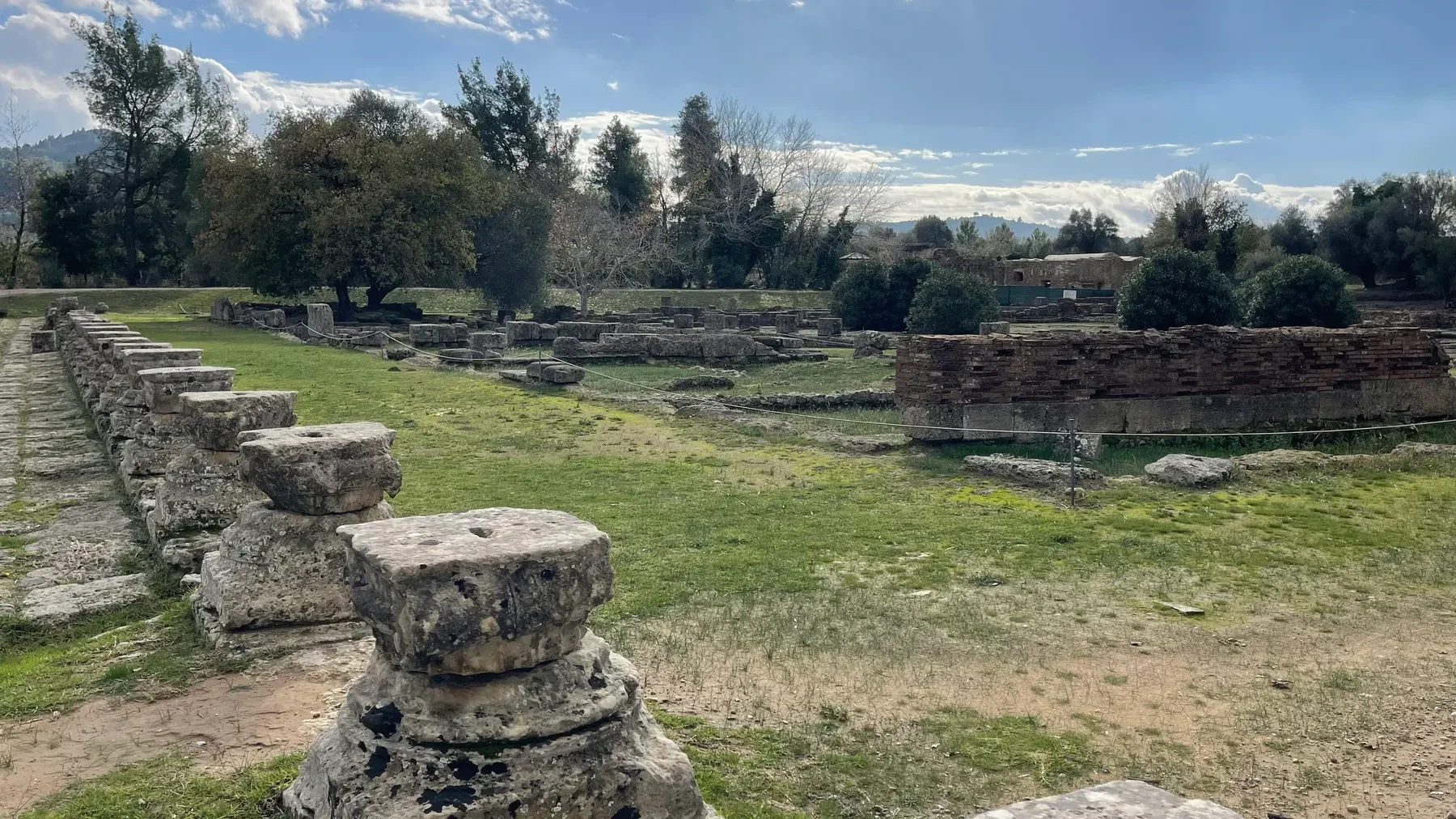 A wide field of column bases and foundation ruins at Ancient Olympia